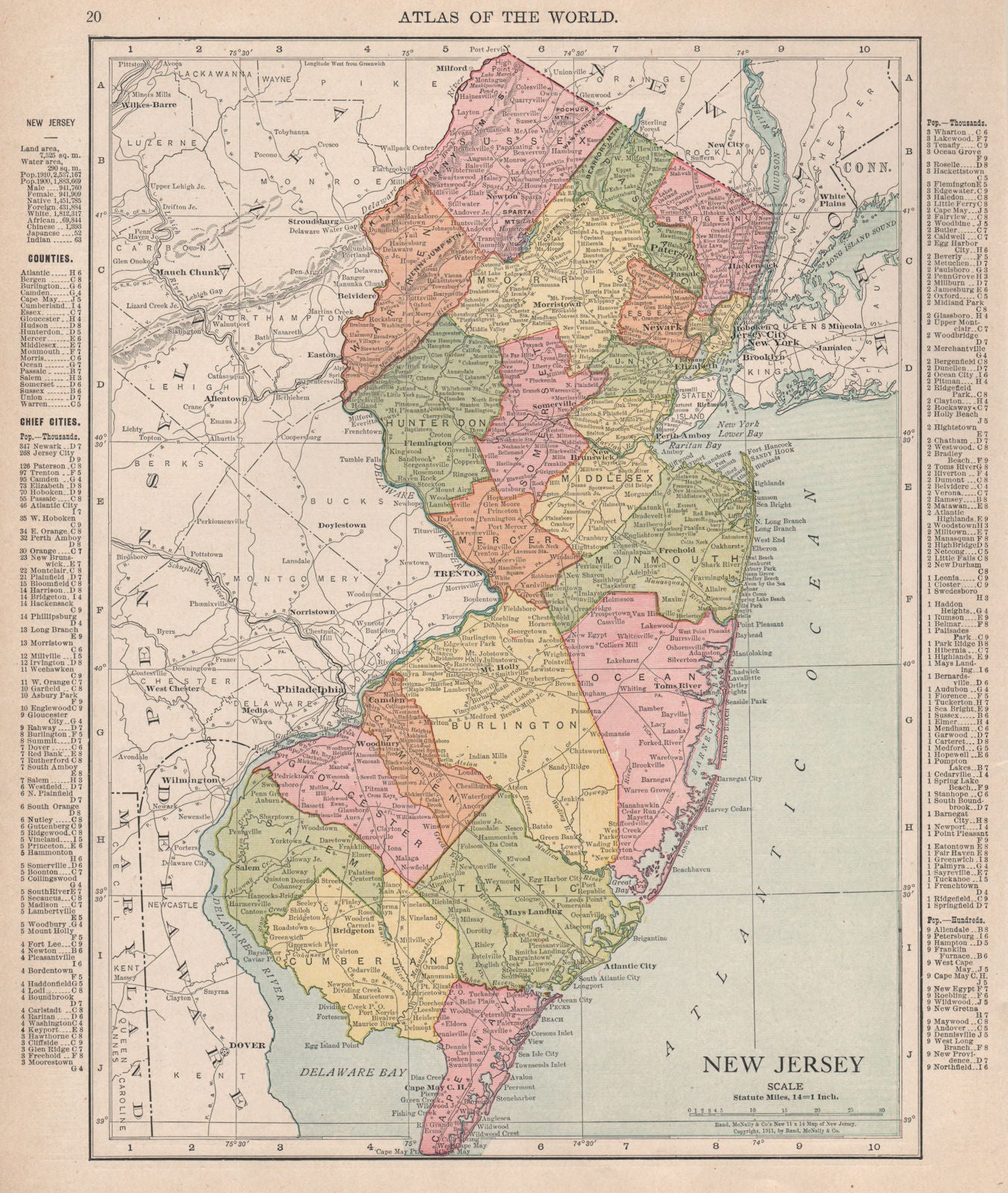 New Jersey state map showing counties. RAND MCNALLY 1912 old antique chart